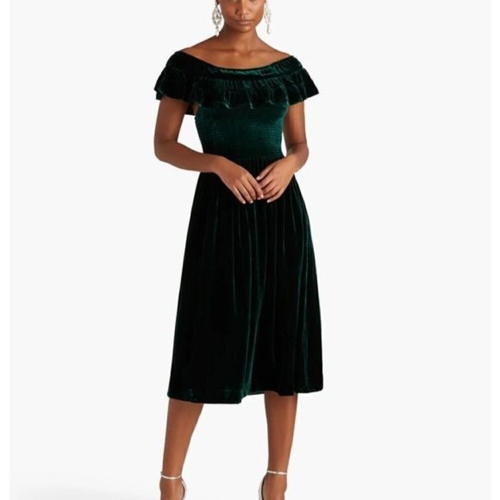 NWT Hill House The Akilah Nap Velvet Off The Shoulder Ruffle Dress Emerald XS